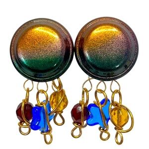 Vintage Abra Iridescent Ombré Multicolor Statement Earrings with Dangle Charms